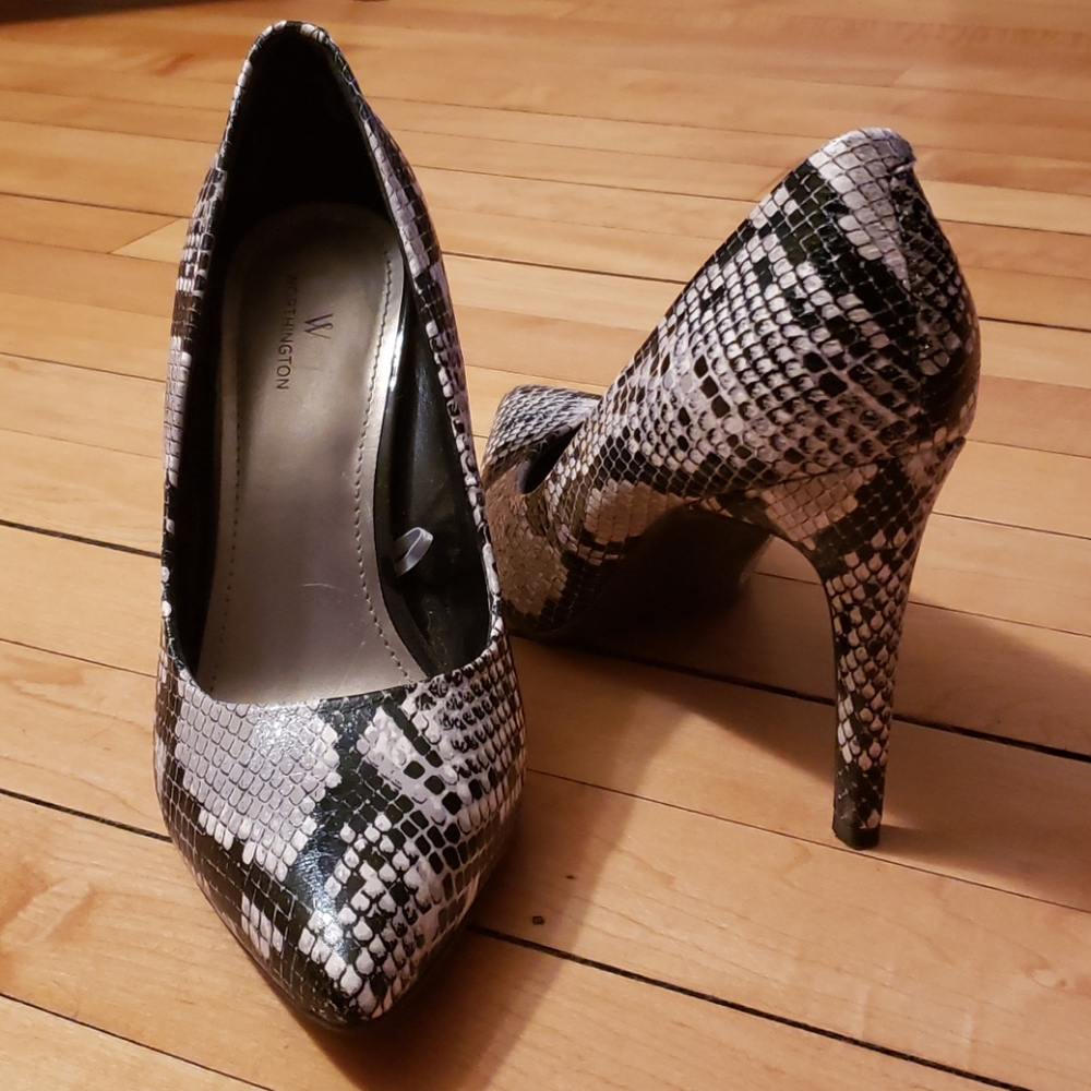 Worn once, snake skin heel